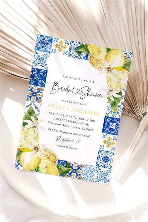 Italian Blue Tile Lemon Bridal Shower Invitation Template Mediterranean