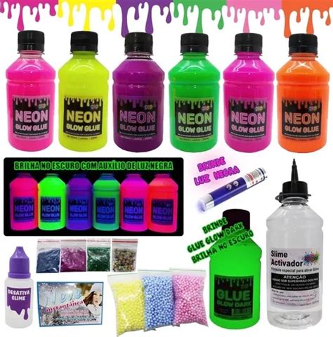 Kit Slimes Neon Cola Brinde Glow Dark E Luz Negra Parcelamento Sem