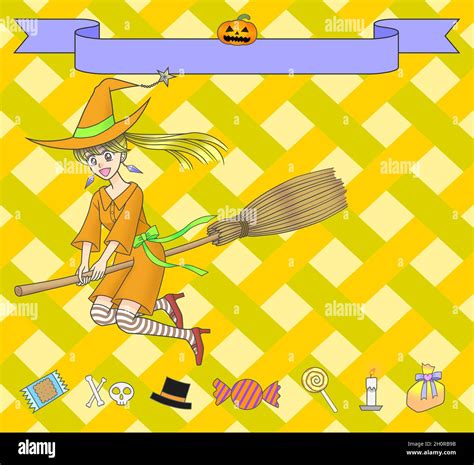 A young witch flying on a broom and others for Halloween Stock Photo ...