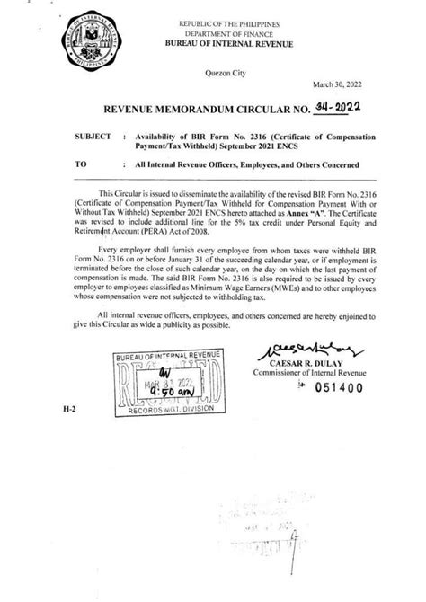 New Certificate Of Compensation Paymenttax Withheld Bir Form No 2316