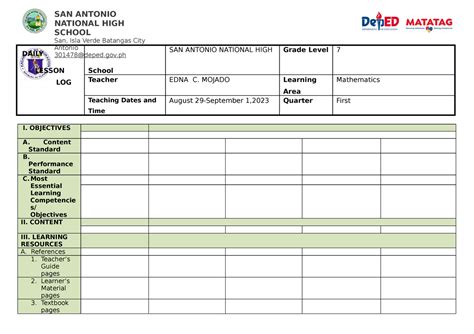 Template Dll Daily Lesson Log Template Daily Lesson Log School San Antonio National High