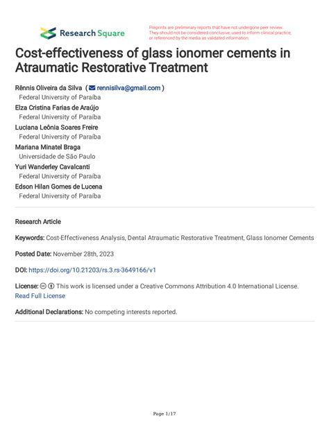 Pdf Cost Effectiveness Of Glass Ionomer Cements In Atraumatic