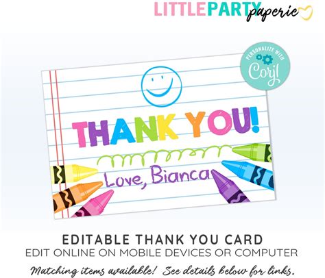 Editable Crayon Art Party Thank You Card Template Pastel Etsy