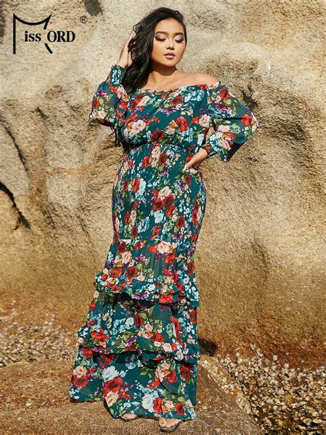 Missord Floral Print Plus Size Chiffon Dress 2023 Summer Women Off