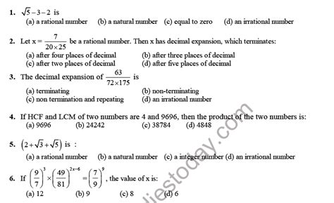 Cbse Class 10 Mathematics Real Numbers Mcqs Set B Multiple Choice