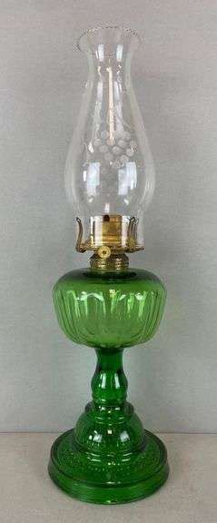 Victorian P And A Green Glass Oil Lamp With Etched Glass Shade