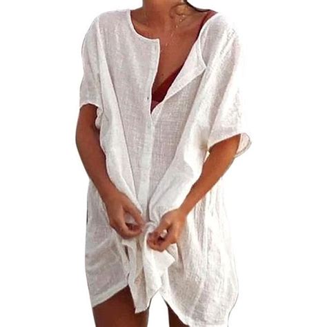 Femmes Robe De Plage Col Rond Bikini Ete Casual Cache Maillots Coton