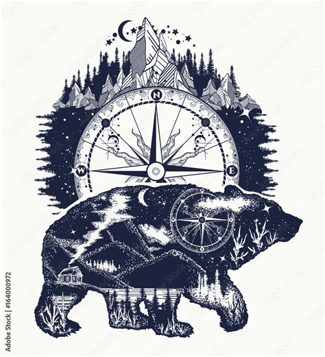 Bear double exposure, compass, mountains tattoo art. Bear grizzly ...