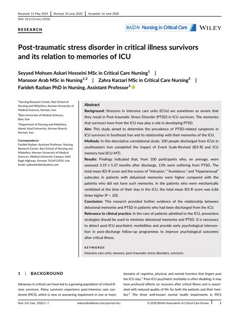 Pdf Posttraumatic Stress Disorder In Critical Illness Survivors And