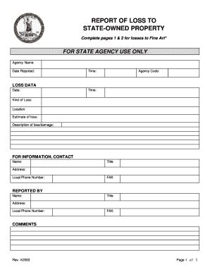 Fillable Online State Property Loss Report Art Vcu Procurement Fax