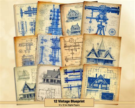 Printable Vintage Blueprint Digital Paper, Architecture Page, Technic ...