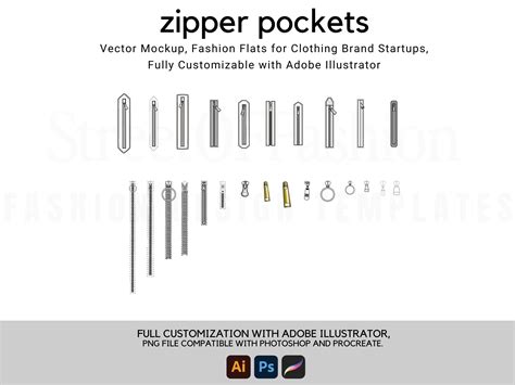 zipper pockets  zippers flat technical drawing illustration classic
