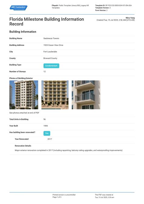 Florida Milestone Building Information Record Template - Free PDF