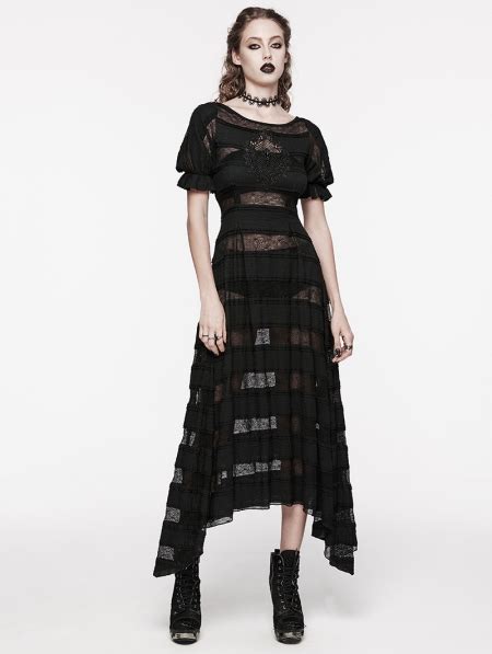 Black Daily Gothic Hollow Out Lace Applique Irregular Long Sexy Dress