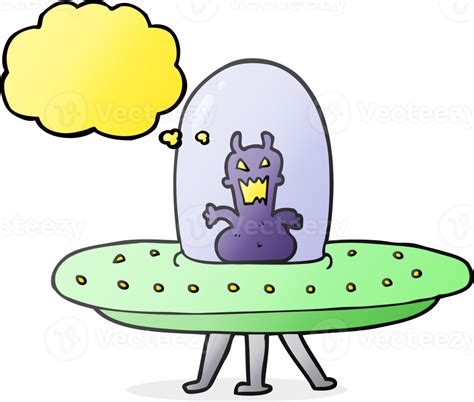 Hand Drawn Thought Bubble Cartoon Alien In Flying Saucer 40201252 Png