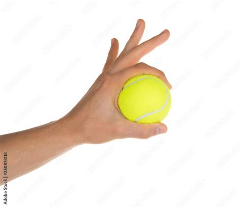 Hand Holding Tennis Ball Isolated On White Clipping Path Stock Photo