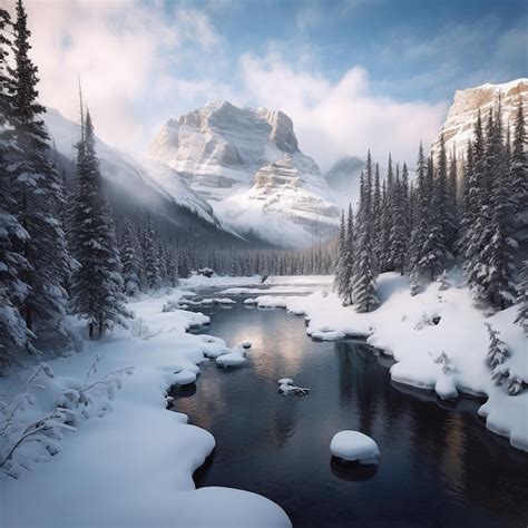 Premium AI Image | a river with snow and trees and mountains in the ...