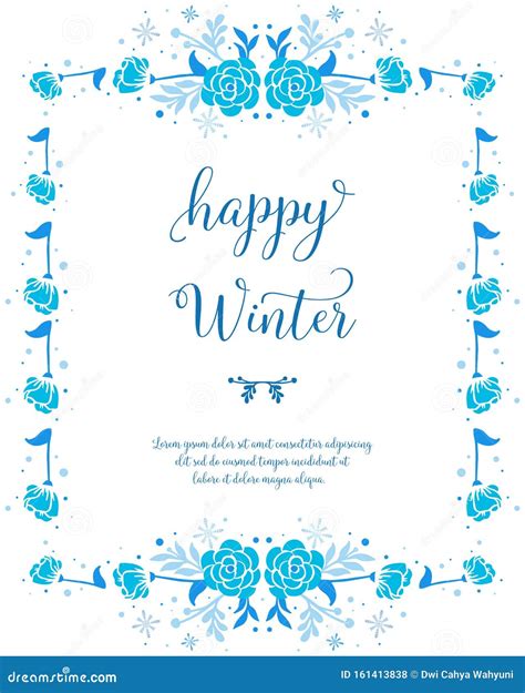 Concept Of Card Happy Winter With Graphic Ornate Of Blue Flower Frame