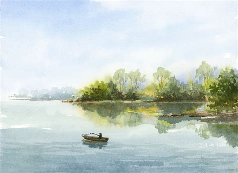 River Landscape Watercolor Painting Print Lake Green Trees - Etsy