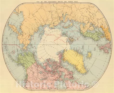 Historic Map Countries Round North Pole Vintage Wall Art