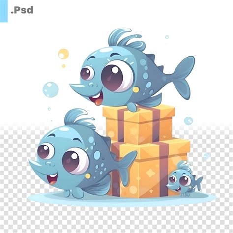 Premium PSD Cartoon Vector Illustration Of Cute Blue Fish With Gift