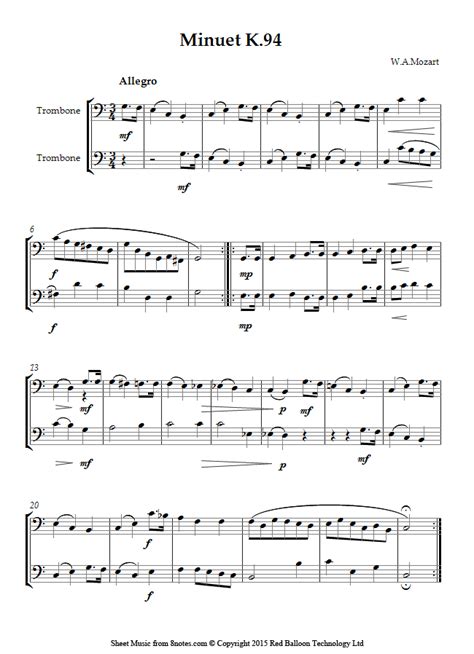 Mozart Minuet K 94 Sheet Music For Trombone Duet 8notes