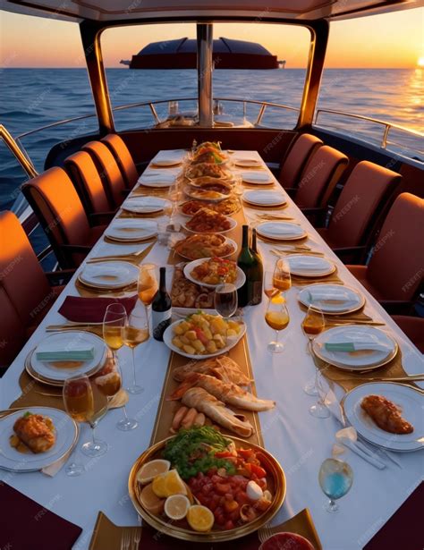 Premium Ai Image Luxury Multicourse Dinner On A Yacht With All The