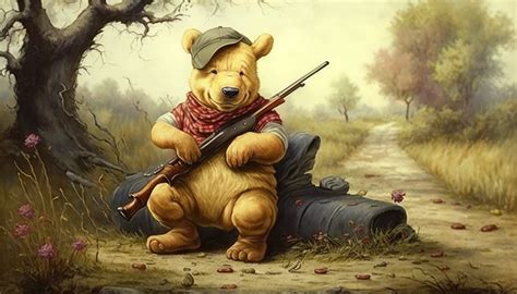 배경 화면 ai art 삽화 푸우 Winnie the Pooh 엽총 모자 동물 로그 통로 4579x2616