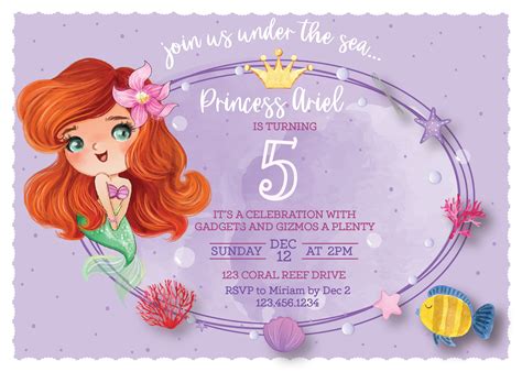 Ariel Invitation Ariel Birthday Invite Princess Birthday Invitation