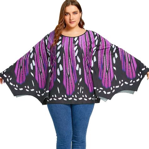 Plus Size Butterfly Print Batwing Top Purple 3848181414 Size Xl