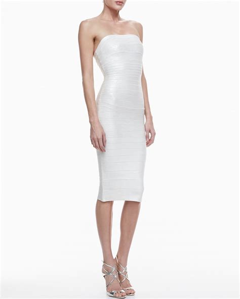 Herv L Ger Strapless Foil Bandage Dress In White Lyst