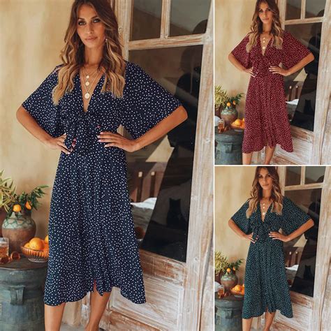 Women Ladies Holiday Boho Dress Ladies Summer V Neck Half Sleeves