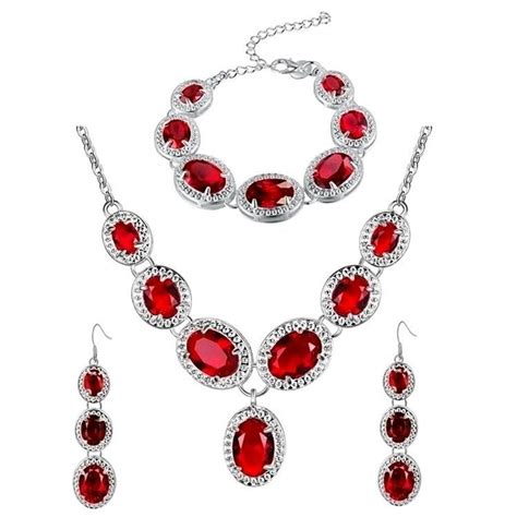 Teardrop Silver Plated Multiple Oval Red Crystal Necklace Bracelet And Earrings Set Set Comes