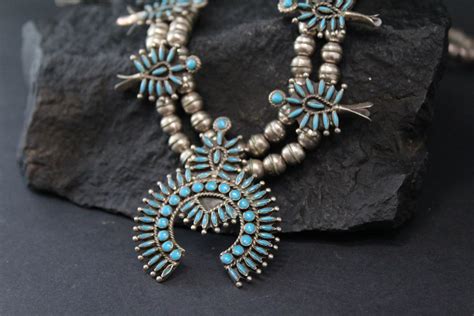 Old Pawn Native American Zuni Petit Point Turquoise Squash Blossom Necklace