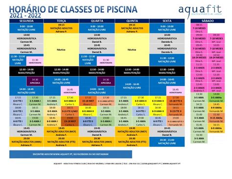 aquafit Novos horários de classes de piscina e estúdios março