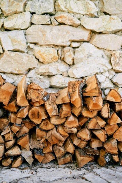 Uma pilha de lenha é empilhada contra a parede de pedra de uma casa em