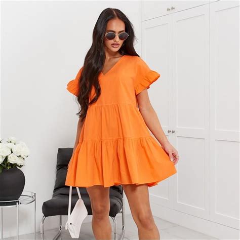 I Saw It First V Neck Tiered Mini Smock Dress Orange Isawitfirst