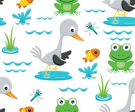 Seamless pattern vector of cartoon funny swamp animals, swamp elements ...