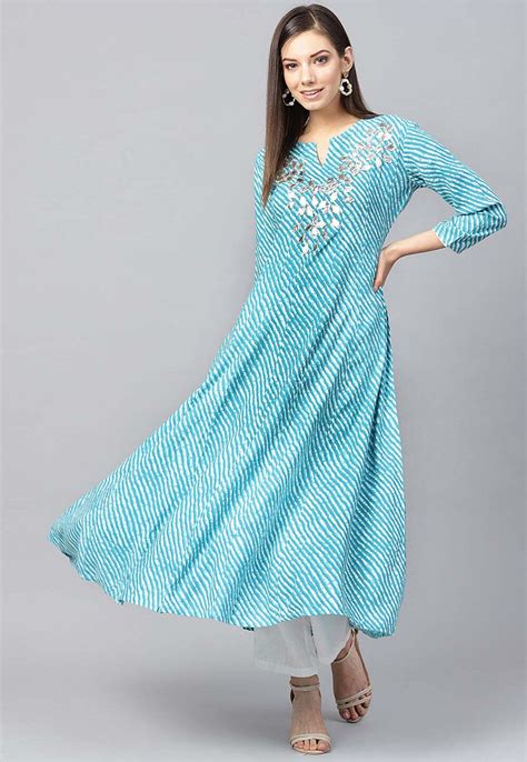 Buy Leheriya Printed Viscose Rayon Aline Kurta In Sky Blue Online