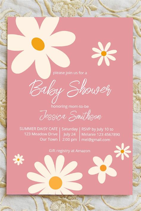 Retro Daisy Pink Boho Desert Baby Shower Invitation Template Instant