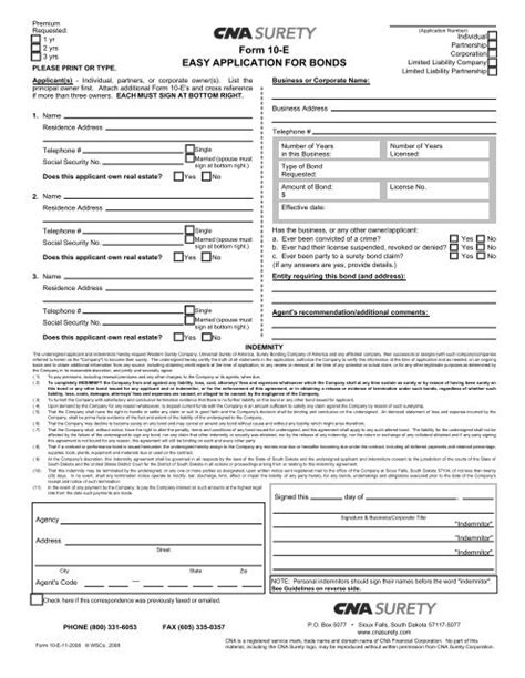 Form 10 E Easy Application For Bonds CNA Surety