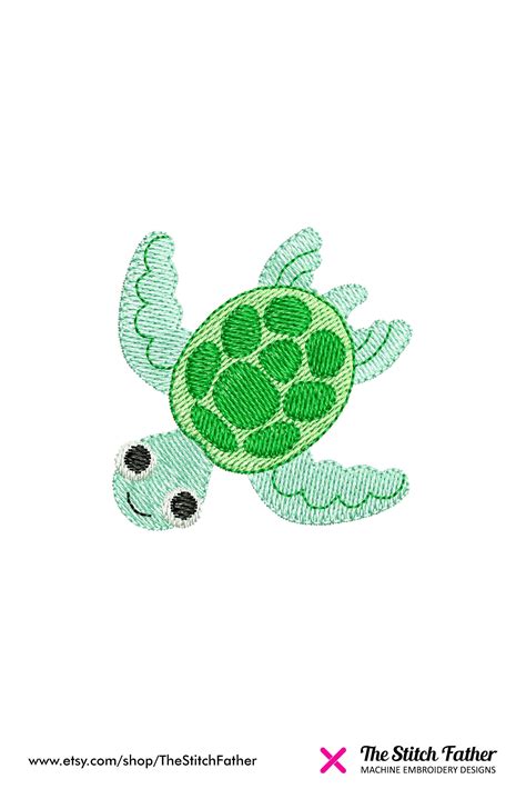 Mini Turtle Embroidery Design Cute Smiling Turtle Swimming Sea