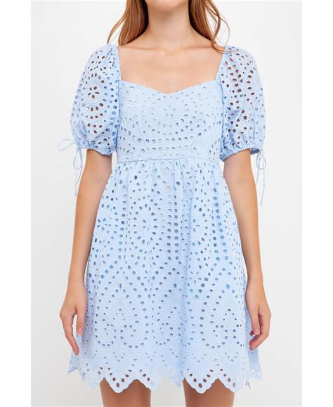 English Factory Eyelet Scallop Edge Mini Dress In Powder Blue Modesens