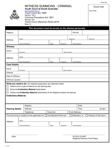 Fillable Online Form 11 Witness Summons Courts Sa Gov Au Fax Email