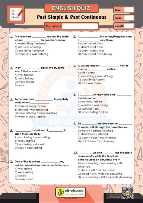 Past Simple And Past Continuous Multiple Choice Test Elt