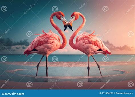 Couple Flamingos Neck Heart Shape On Tropical Beach Background Love