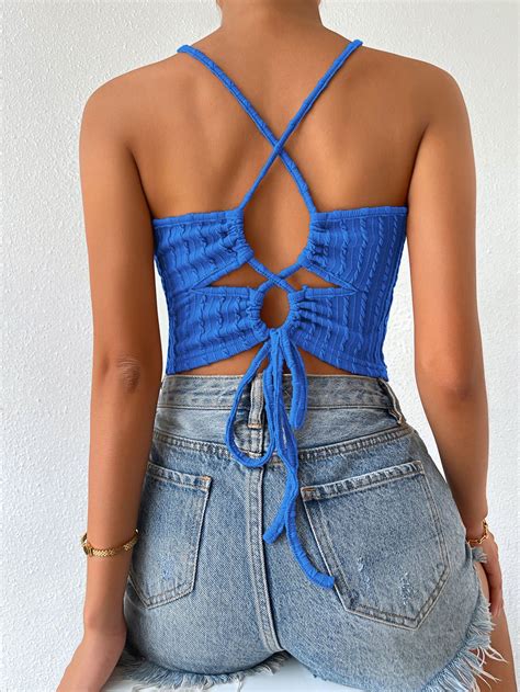 Lace Up Back Textured Crop Halter Top Blusas Femininas Cami Tops