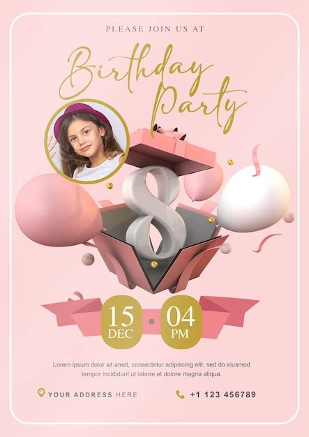 Premium Psd Pink Birthday Invitation Party Flyer A4 Template With 3d