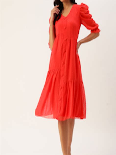 Buy Antheaa Puff Sleeve Chiffon A Line Midi Dress Dresses For Women