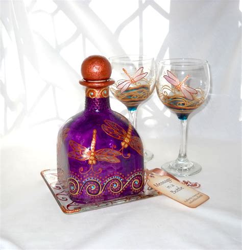 Dragonfly Art Glass Hand Painted Patron Bottle Decanter Set Hand